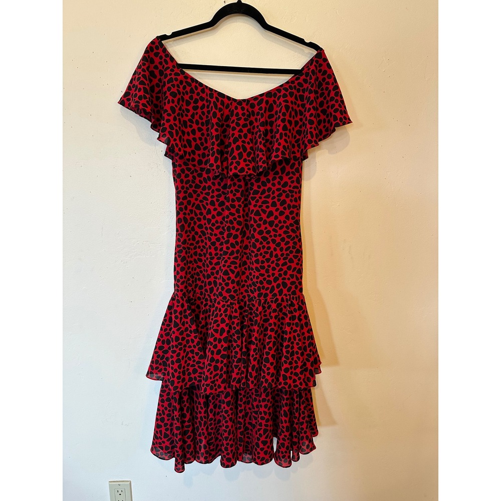 Vintage Red Black Print Flamenco Midi Art Deco Flapper Tiered ruffle dress 8